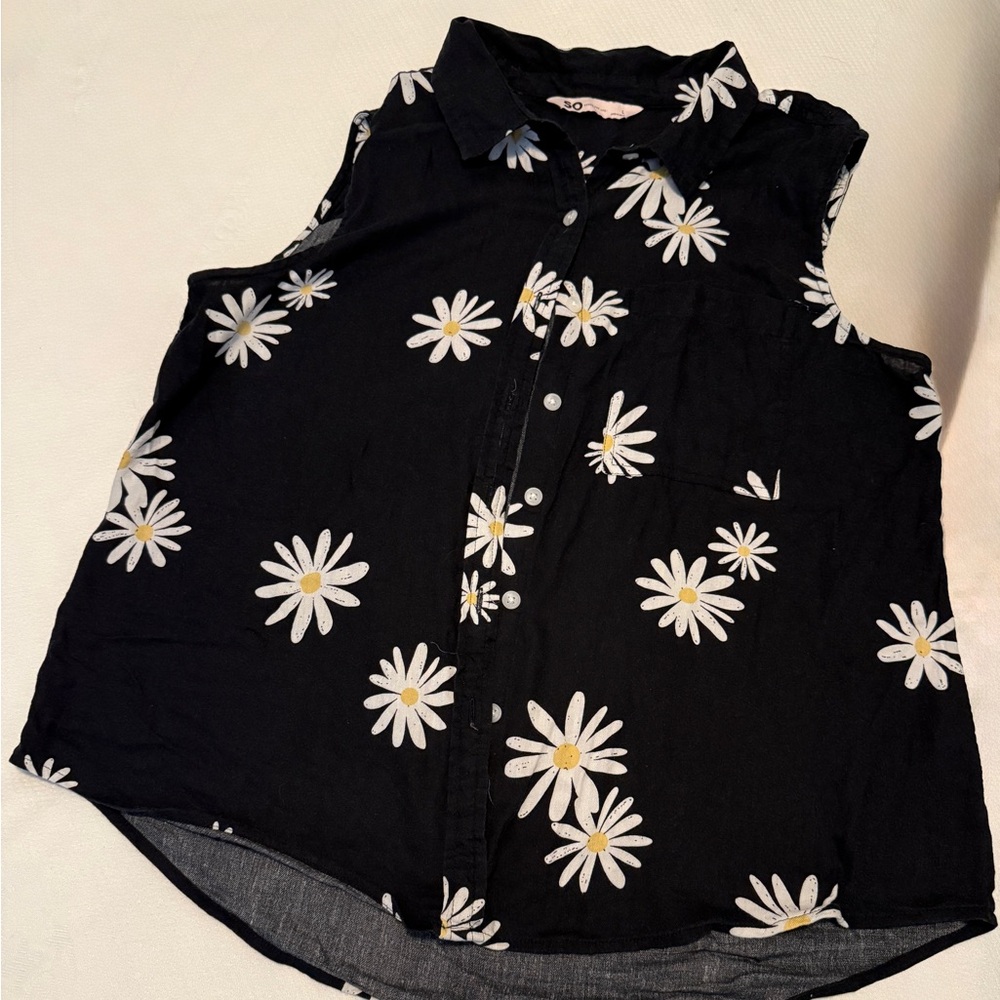 SO Black Top with White Daisy Pattern